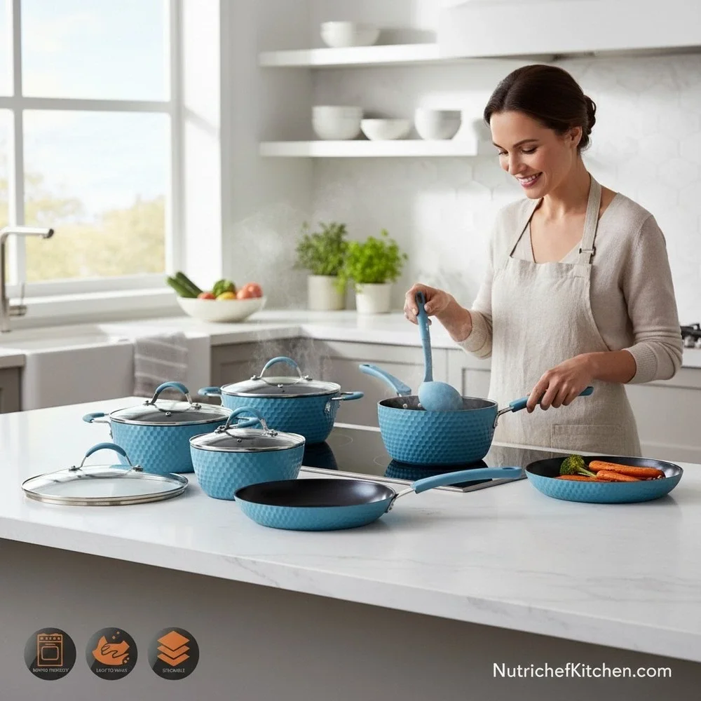 NutriChef 11pc Cookware Set Blue Diamond Ceramic Nonstick NCCW11BD Brand New